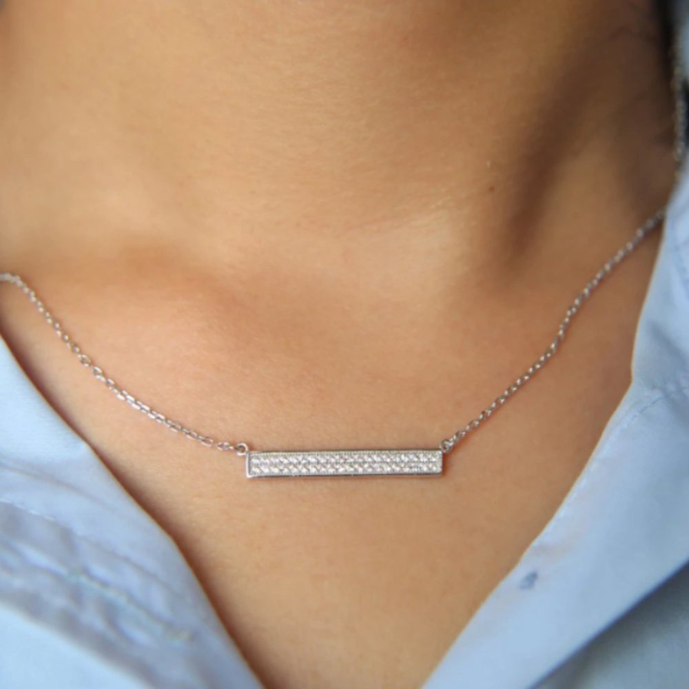 925 Sterling Silver Bar Crafted Cubic Zirconia Necklace- New